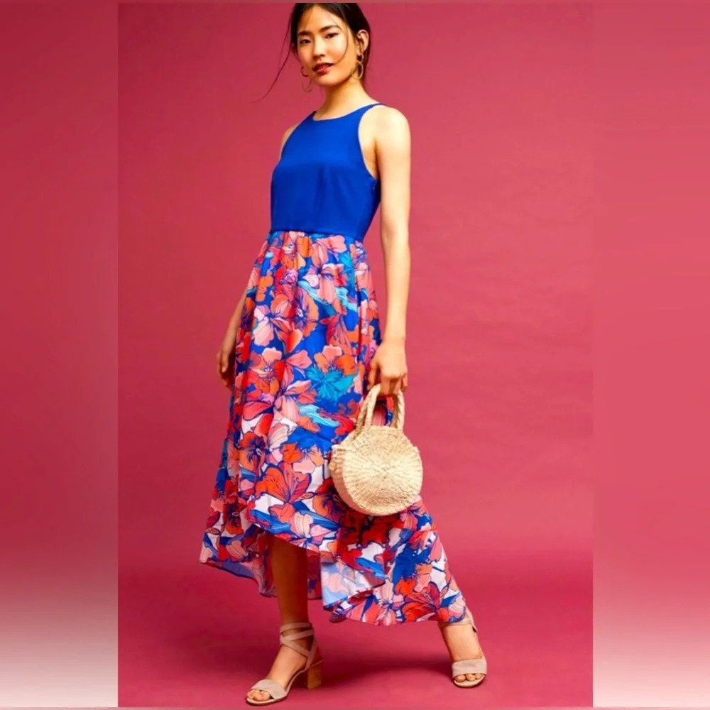 ANTHROPOLOGIE L Coastal HiLo Floral Dress PETITE Fit Flare Tropical Resort HUTCH